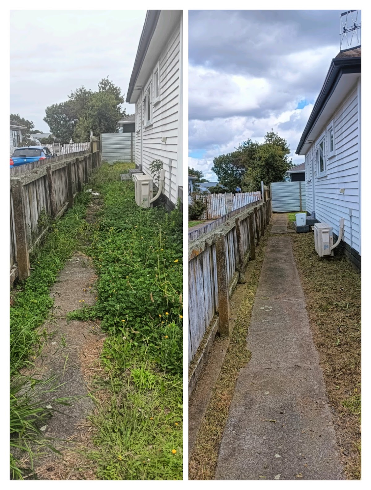 Before and after: an overgrown side passage cleared and tidied